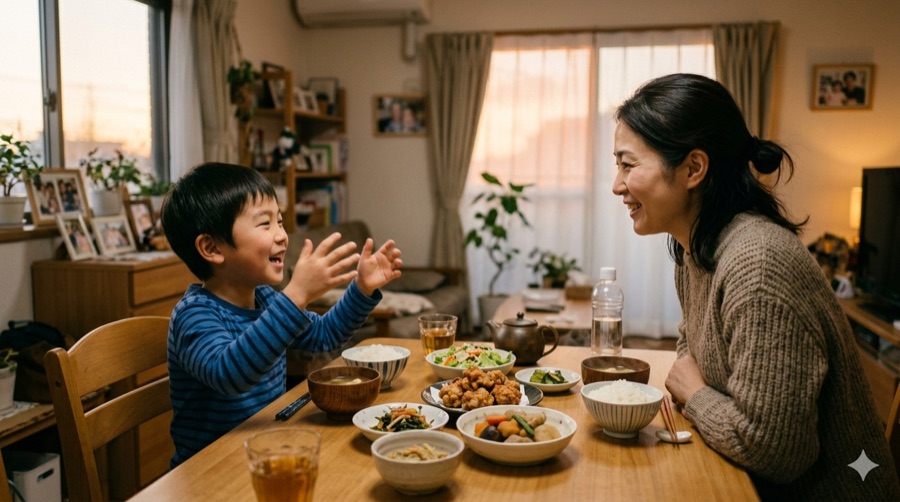 食卓で親子が楽しそうに話している様子